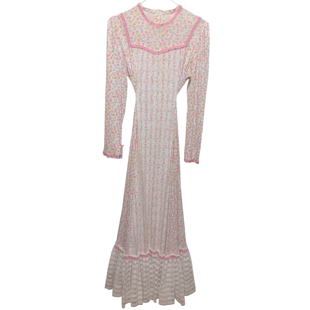 Vintage Handmade Floral Lace Trim Prairie Maxi Dress Prairie CottageCore Boho